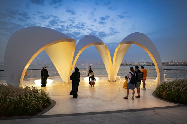 At Dubai Creek Harbour, indirect uplighting of pavilions recalling the sails of a dhow creates a beacon for gathering and frames views for visitors.