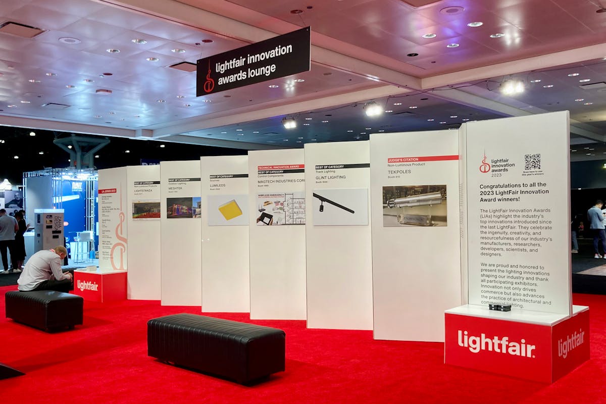 The LightFair Innovation Awards lounge displayed the winning products and technologies while offering respite for show floor attendees.