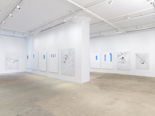 White cube gallery setup: Ground-floor installation featuring work by German artist Michael Krebber at the Greene Naftali Gallery, New York.