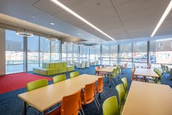Collaborative spaces: Form meets function in collaborative learning environments. The lighting provides functional illumination for writing surfaces and is balanced with access to daylight, creating a space supportive of teachers, students and facilities workers needs.