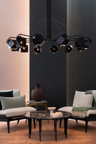 Welles Central Chandelier 12, in blackened steel and opaque black, by Alessandro Munge for Gabriel Scott