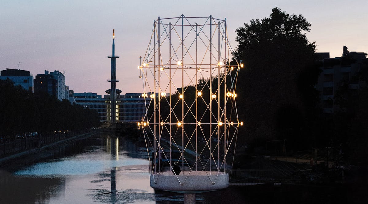 32 LED orbs combined with 16 wind-sensitive mobiles on a 50-foot high metal cylinder create a pavilion and sculpture.