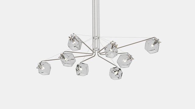 Welles Central Chandelier 8, in satin nickel and clear glass, by Alessandro Munge for Gabriel Scott