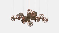 Welles Central Chandelier by Sybille de Margerie, in satin copper with sparrow brown leather, for Gabriel Scott