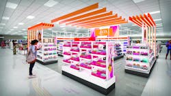 Ulta Beauty&rsquo;s signature orange pop canopies with integrated lighting were a key design element used to help distinguish the area as a special beauty area.