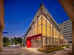At Temple University&apos;s Mazur Hall, a popular event venue designed by Erdy McHenry Architecture and sited at a primary campus entrance, a warm-glowing atrium connects a second-floor terrace and the courtyard.