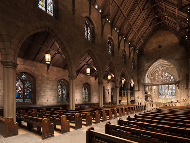 Built in 1849, Saint Mark&apos;s Church in Philadelphia presented many many challenges for the lighting design, including historical materials, darkened wood, and its tall and narrow space. Existing pendants were relamped with warm-dim LEDs. A continuous track along the length of the nave simplified the installation, requiring an electrical feed from only one end of the sanctuary.