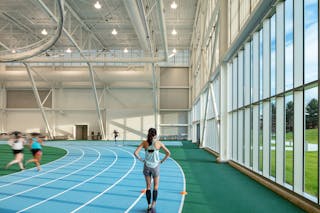 Extensive glazing connects the indoor and outdoor spaces, Harold Alfond Athletics and Recreation Center, Colby College