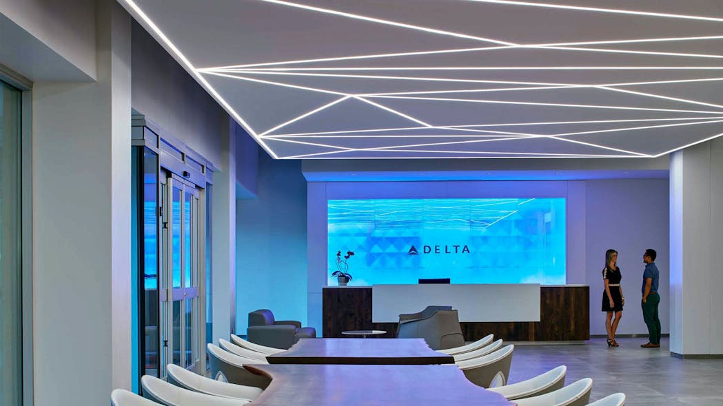 PureEdge Lighting&rsquo;s TruLine used to recreate flight patterns on the ceiling of a Delta Airlines boardroom.