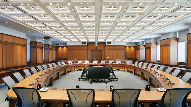 The lighting in the Committee rooms blends a star-shaped ambient fixture designed to resemble an abstract version of the acorn leaf, the national symbol of Canada, and directional spotlights that can be individually aimed to provide the necessary levels of vertical illumination.