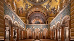The choir loft, beatitudes and east/west galleries at Cathedral Basilica of St. Louis are shown. Lighting rails were mounted along the backside of the walls in the galleries.