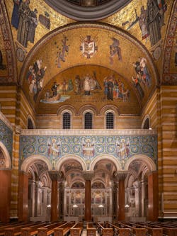 The choir loft, beatitudes and east and west galleries of the Cathedral Basilica of St. Louis were highlighted in the lighting design.