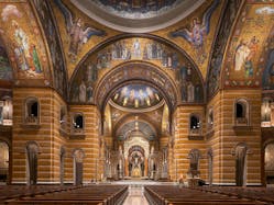 Reed Burkett Lighting Design redesigned the lighting at the Cathedral Basilica of St. Louis to highlight the mosaic tiles covering the pendentives. nave and altar.