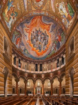 The ceiling of the west transept at the Cathedral Basilica of St. Louis is adorned with stunning mosaic artwork.